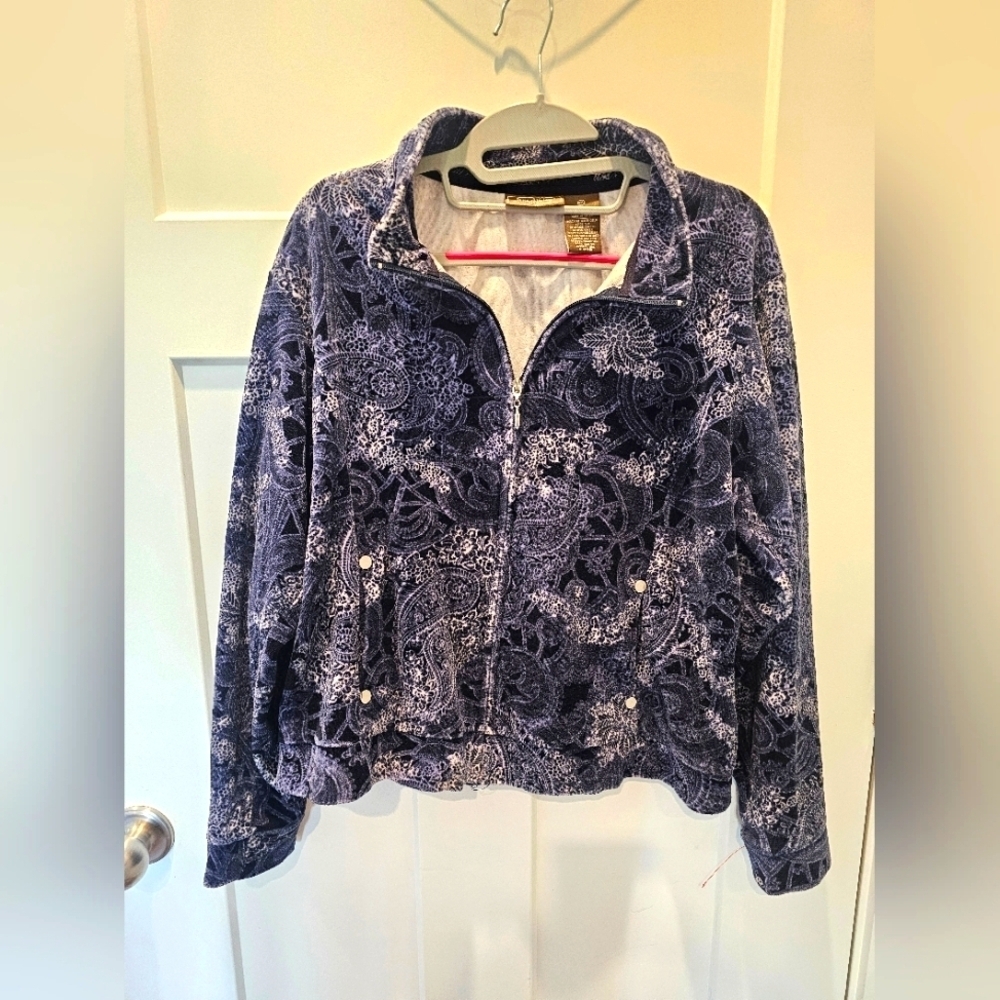 Jane Ashley Petite PXL Velour Zip Jacket | Navy Paisley Soft Track Style Top